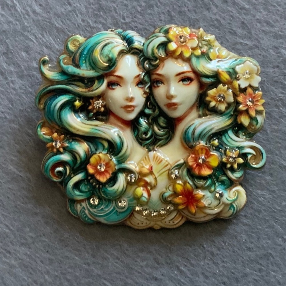 Vintage Style Goddess Twin Sisters Brooch Rhinestone Enamel Floral Pin Gold Tone